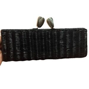Kotur Woven Clutch Purse Stone Magnetic Clasp Black Wicker Elegant Lining Classy